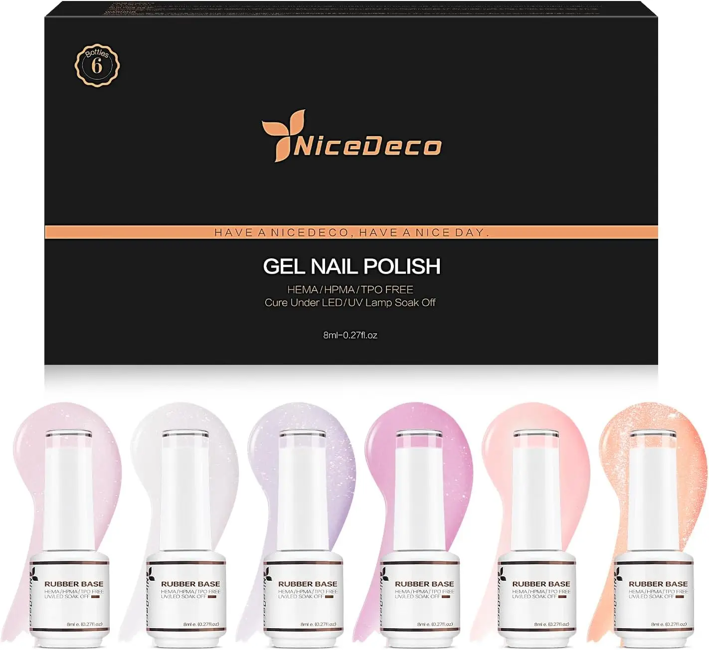 Nicedeco 4 In 1 Rubber Base Gel Set For Nails, Hema Free Nude Rose Pink Sheer Color Gel Nail Polish UV LED Soak Off, Elastic Rubber Nail Strengthen Enhance Base Coat 6pcs x 8ml-Kit38 ruber  base