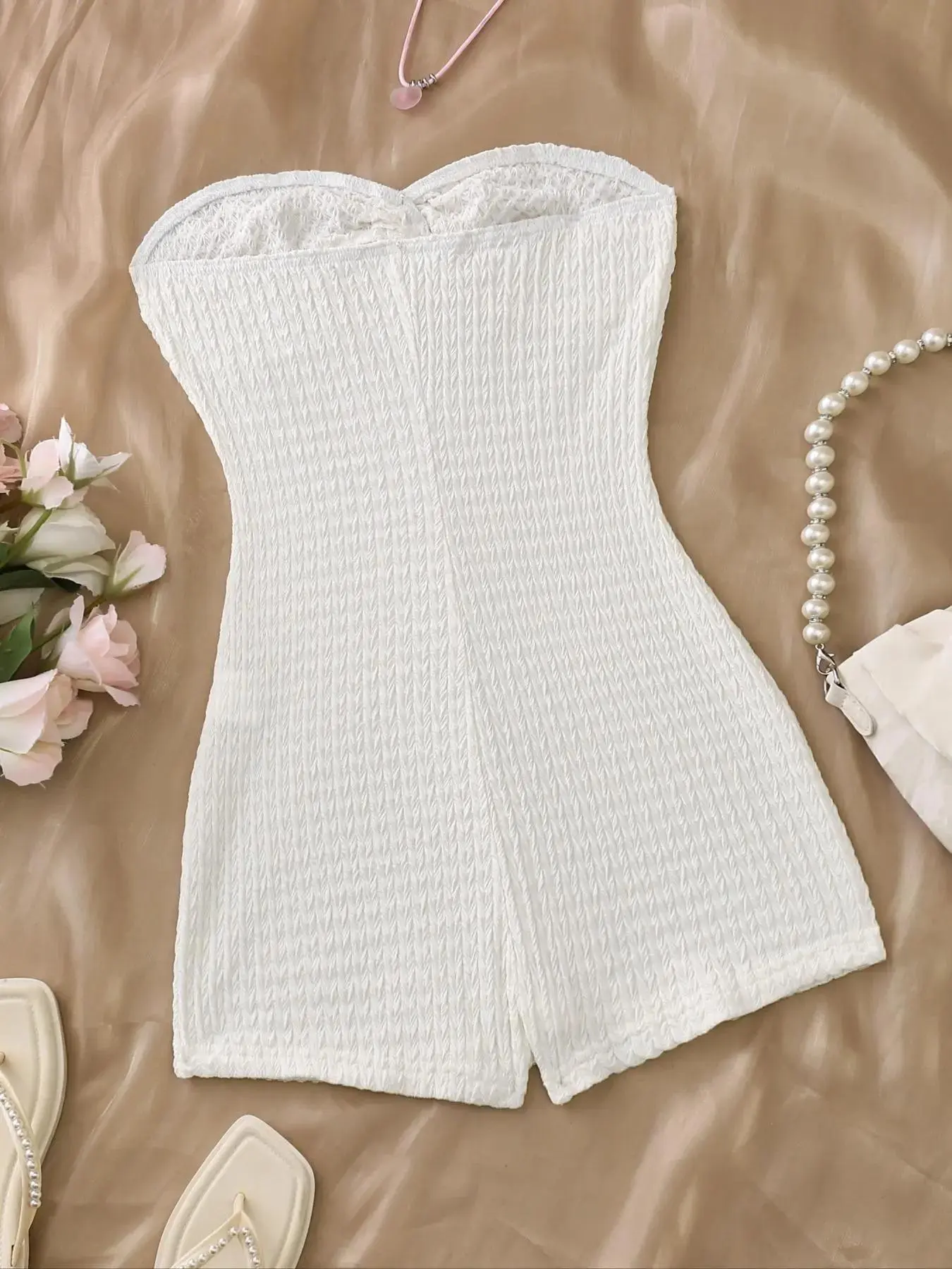 Sophisticated White Strapless Sleeveless Twist Jacquard Knit Romper, Women's Textured Summer Jumpsuit, Slim Fit Vacation Playsuit, Casual Beachwear & Going Out Outfit, textured elegance, cozy refinement