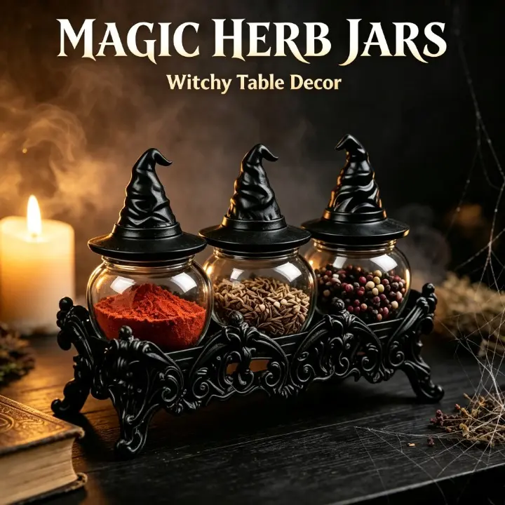 Witch Hat Spice Jar Set of 3, Gothic Glass Spice Jars with Display Stand, Apothecary Seasoning Containers for Salt, Pepper, Herbs, Spices & Sugar, Halloween Kitchen Decor, Witchy Home Organization, Gothic Home Decor & Unique Gift