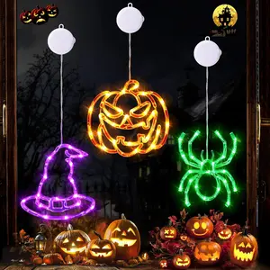 Halloween Battery Operated Window Lights, Orange Pumpkins, Purple Hats and Green Spider, Halloween Lights Decorations with Suction Cup and Timer Functions (Batteries not Included)