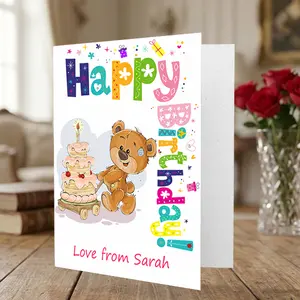 Cute Teddy Bear Happy Birthday Card  | 5x8 Kids Greeting From  (1 To 9 Years Age )