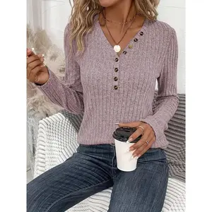 Women’s autumn and winter V-neck long-sleeve knit sweater, casual fit pullover with button decoration, soft and warm fashionable knitted top GARMENTARY