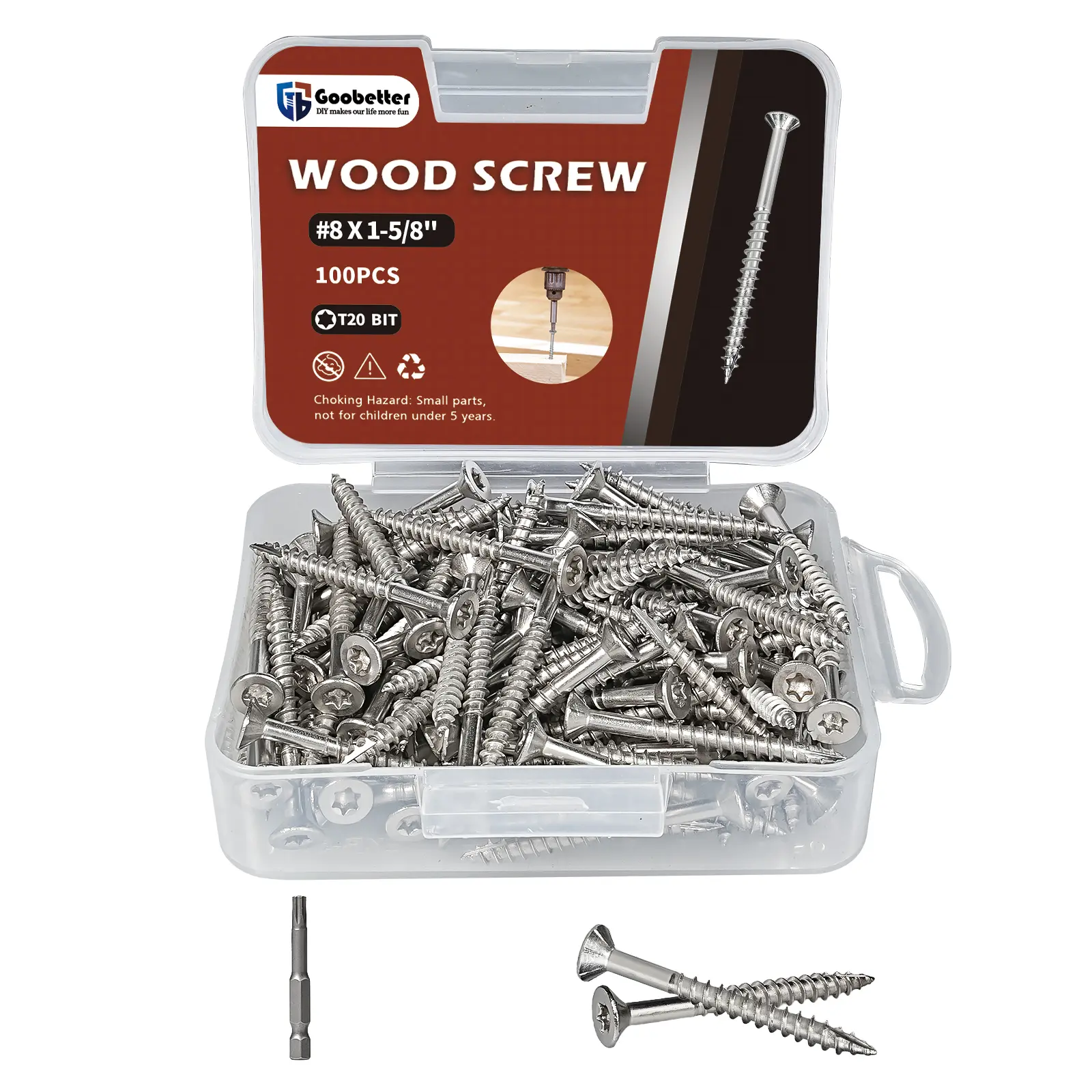 #8×1-5/8" 304 Stainless Steel Wood Screws, 100PCS Rust-Resistant Flat Head Self-Tapping Screws with T20 Bit, Heavy Duty Deck Screws for Woodworking Furniture