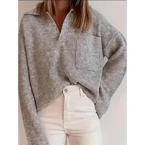 Loose Fit Casual Autumn Winter Short Wide Collar Large Pocket Solid Color Pullover Sweater Knitwear Womenswear