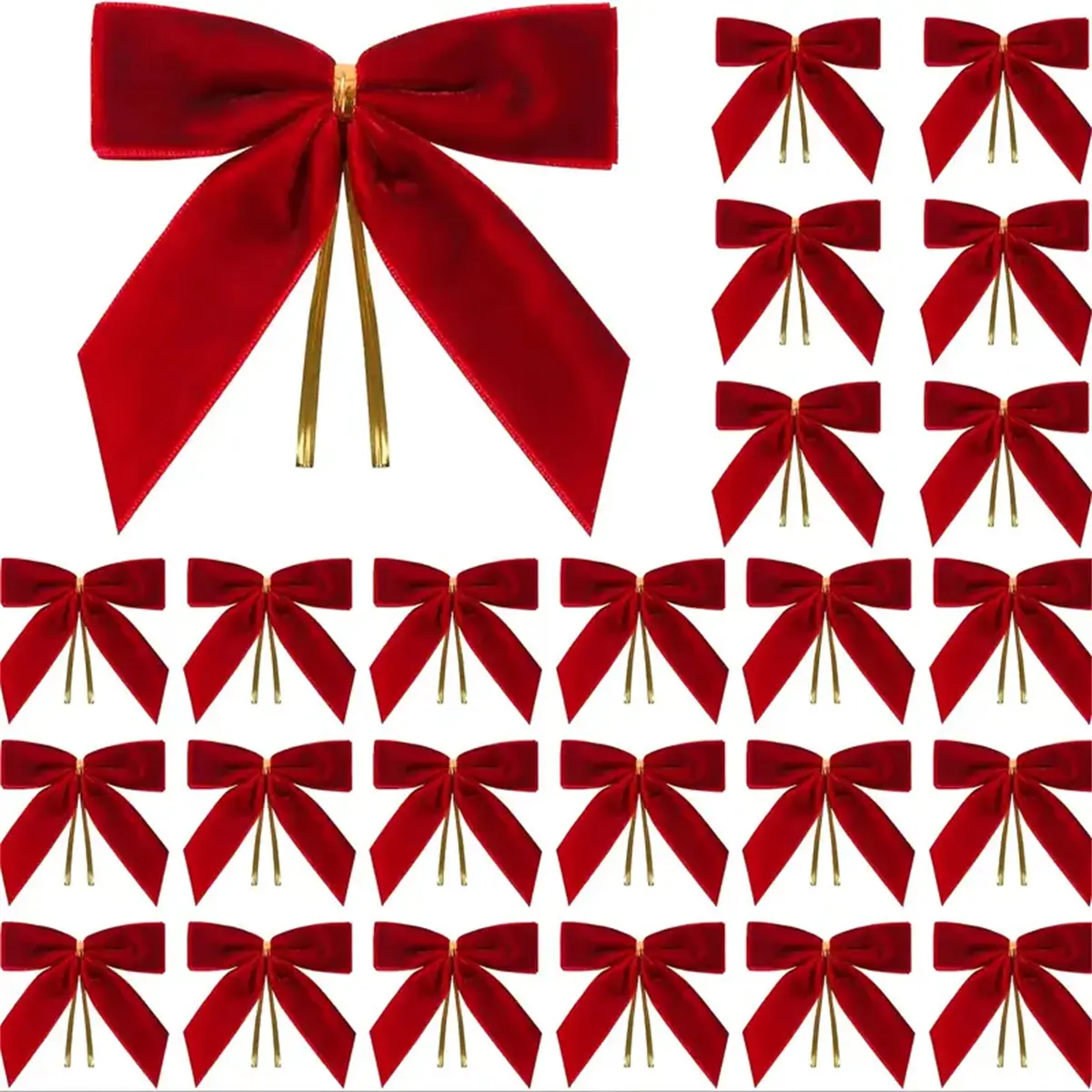 24 Pcs Polyester Red Velvet Christmas Twist Tie Bows - 1" W, 3.5x3.5 in Smooth Decorations for Christmas Tree, Wreath, Gift Wrapping, Boxes, Home Supplies & Festive Party Use
