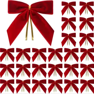 24 Pcs Red  Velvet Christmas Bows for Christmas Tree, Wreath, Gift Wrapping, Crafts, Wedding, Party, Twist Tie Bows for Treat Bag Bakery Candy Bags, Home Decor 1" W,3.5 x 3.5 inch
