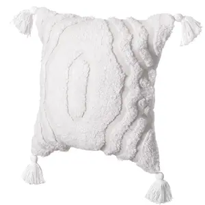 360 stand 16in 100% Cotton Handwoven Artisan Throw Pillow Cover with White Ikat Pattern, Tassel Corners, Filler, Bohemian Look and Rustic Touch, Square Size