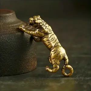 Brass Tiger Figurine Durable Collectible Ideal Decor Indoor Outdoor Versatile Placement Vintage Keychain Pendant Zodiac Tiger Statue