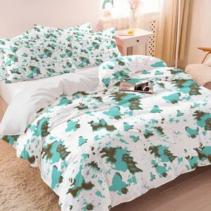 2/3Pcs Western Retro Style Two-Tone Cow Print Duvet Cover Set, Cow Print Western Comforter Cover, Neutral Turquoise Cowhide Bedding Set with Pillowcases, No Filler, For Teen Girls Bedroom Decor, Great Gift for Western Lovers