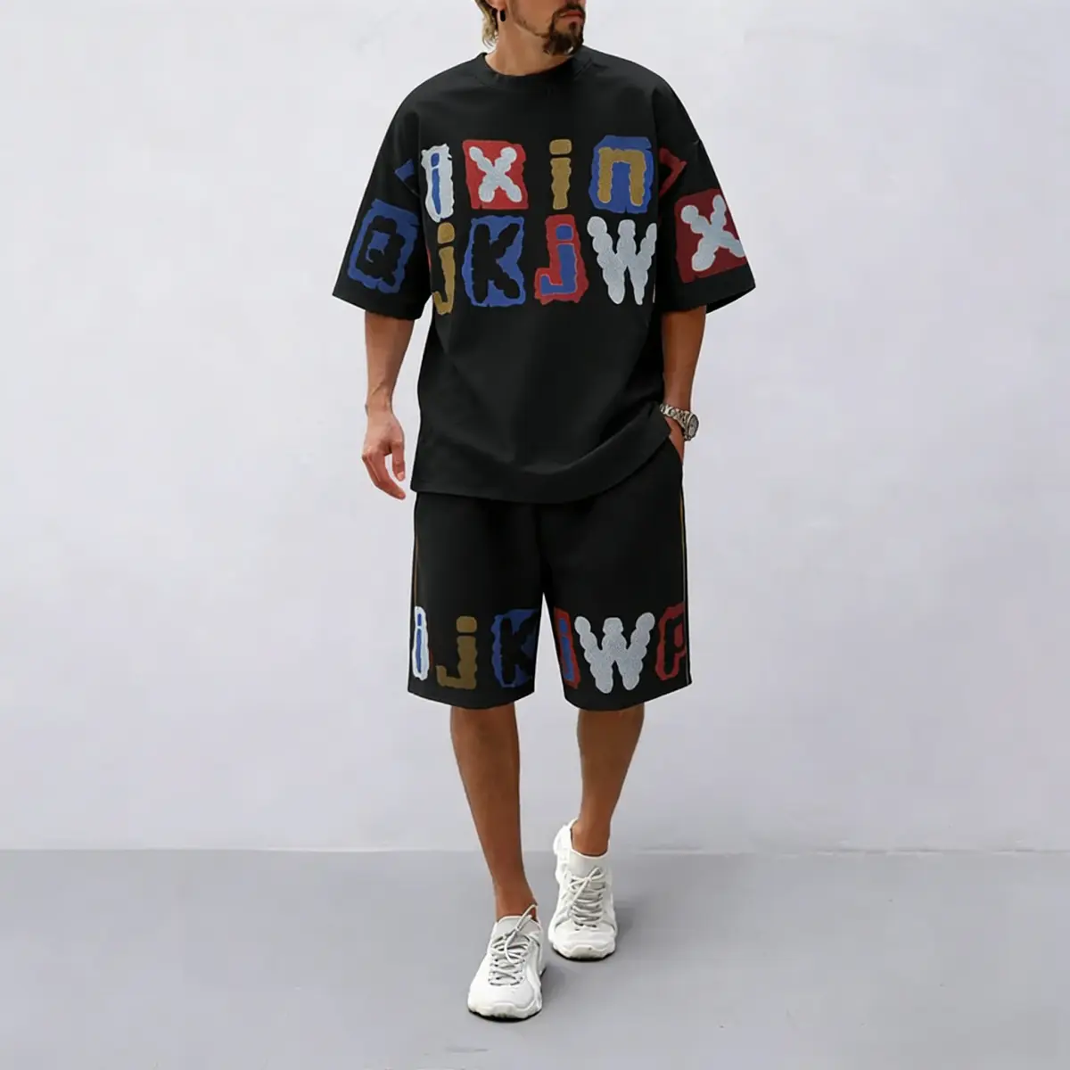 Men's 2-Piece Streetwear Fashion Matching Clothes, Hip-Hop Graffiti Casual Fashion Set with American Street Letter Top + Shorts