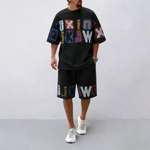 Men's 2-Piece Menswear Hip-Hop Graffiti Casual Set, American Street Letter Top + Shorts