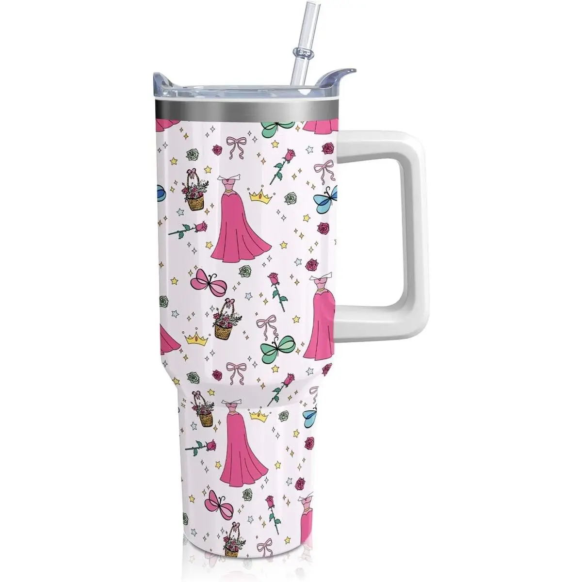 Cartoon Princess Thermal Water Bottle Tumbler - Portable Reusable Drinkware with Handle, Cover, Straw, Princess Dress & Rose Design, Travel Coffee Mug, Birthday Gift for Girls