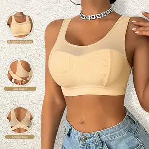 Cross Back Wireless Bra for Women Ribbed Full Coverage Push Up Bralette with 3 Row Closure Anti Sagging Womenswear Breathable Button Compression Elegant Straps--BF1364