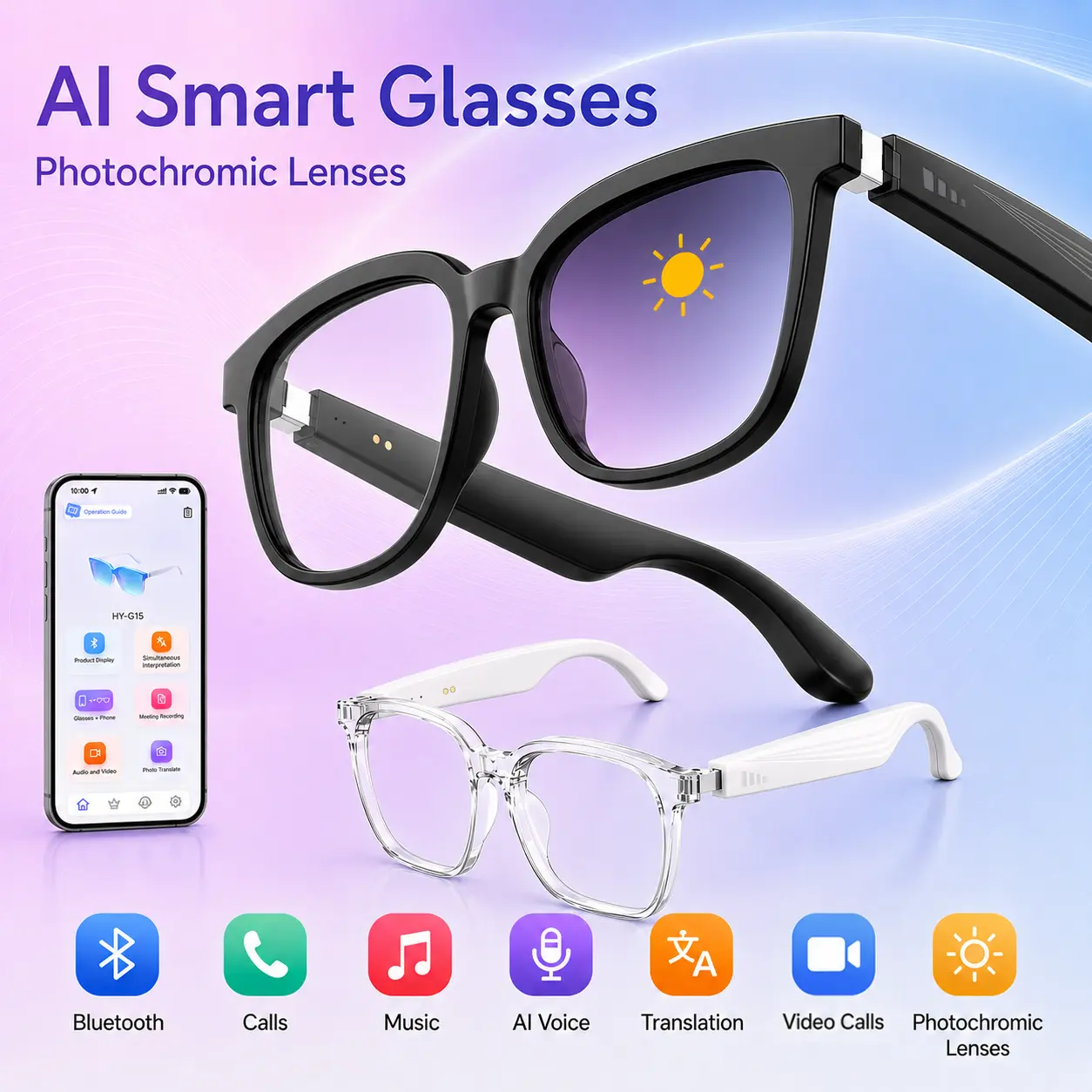 AI  Smart Glasses, 172 Languages, 166 AI Features, Chat GPT, Video Call real time Translation, Open-Ear HD Audio, Bluetooth Calls, Photochromic Lenses, Lightweight for Travel, Driving, Work, Cross-Border Chat, Gifts for Men and Women ideal outdoor, Smart