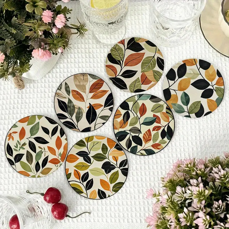 6-Piece Wooden Coasters Set, Fashionable Leaf Design, Heat Resistant Non-Slip, Ideal for Kitchen Office Bar Home Use