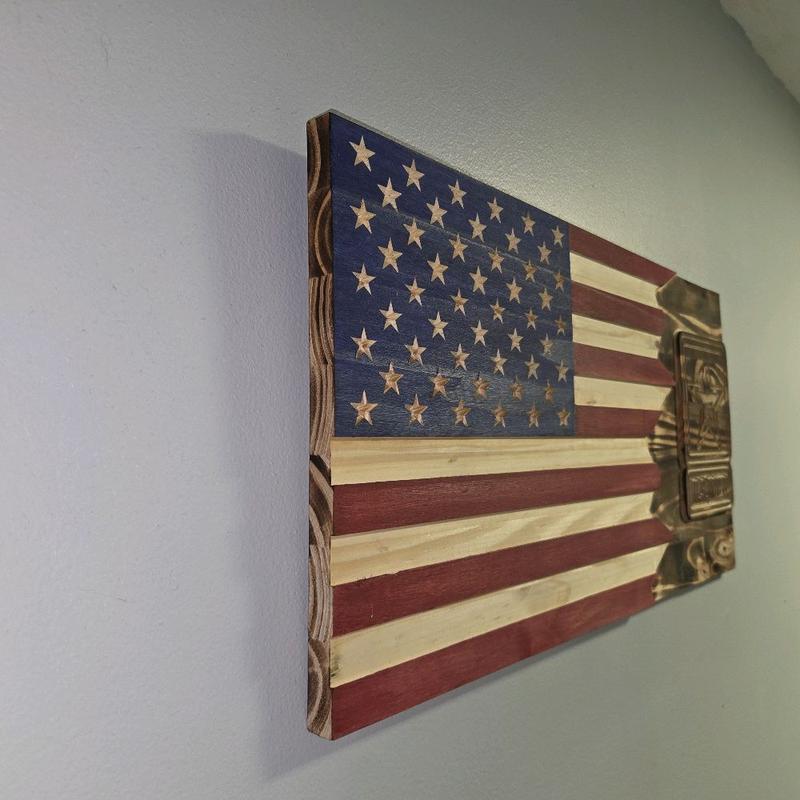 Hand Carved Rustic Wood US Flag & Army Emblem - 12"x24"