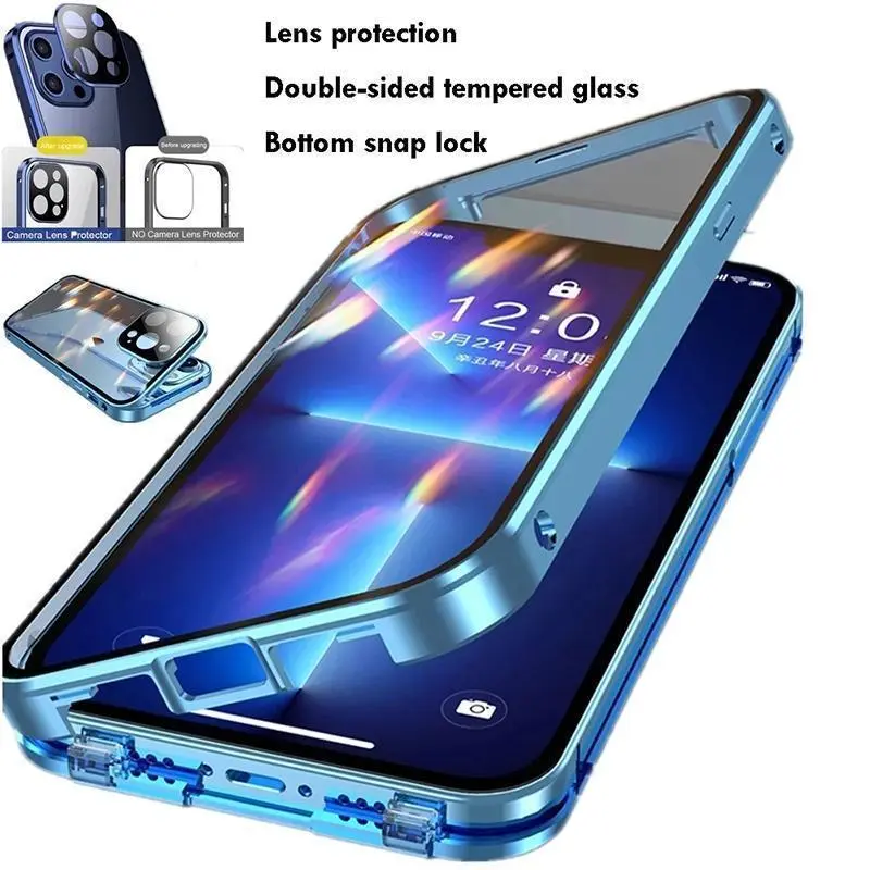 360° Full Protection Metal Magnetic Snap Lock Smartphone Casing, Double-Sided Glass Bumper Cover for iPhone 12 13 14 15 16 Pro Max Plus Handheld Cellphone Devices