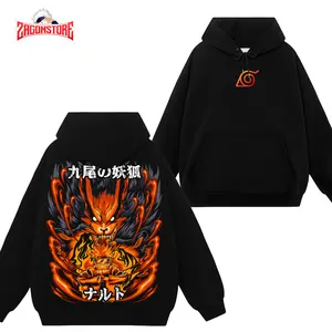 [ZagonStore] Naruto Nine-Tailed Fox Graphic and Wash T-Shirt Hoodie #92 , Loose Fit Casual Pullover with Pocket, Breathable Comfort for Outdoor & Home Wear