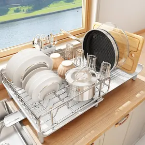 Dish Drying Rack - Expandable Dish Rack for Kitchen Counter, Spacious Dish Drainer with Pan Holder, Dish Strainer Featuring a Drainboard, Cup Holder, and Utensil Holder, in White.