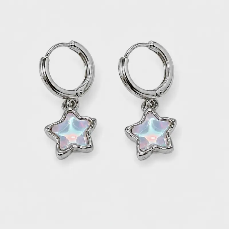 Y2K Iridescent Star Huggie Hoop Earrings | Silver Celestial Dangle Earrings