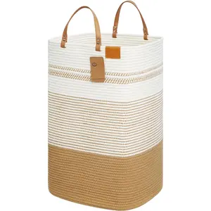 Large Laundry Hamper - 75L Tall Woven  Storage Basket with Leather Handles, Slim Dirty Clothes Hamper, Decorative Storage Basket for Blanket,Toys White & Jute