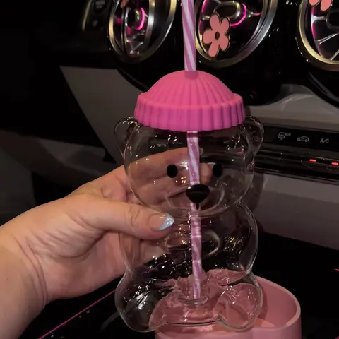 Straw-beary Bearista Glass Bear Cup with Adorable Pink Lid and Striped Straw