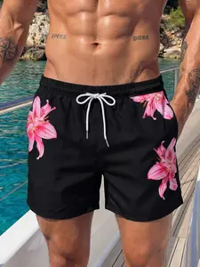 Men's Floral Print Board Shorts, Black With Pink Lily Print, Casual Elastic Waist Bottom for Beach and Vacation