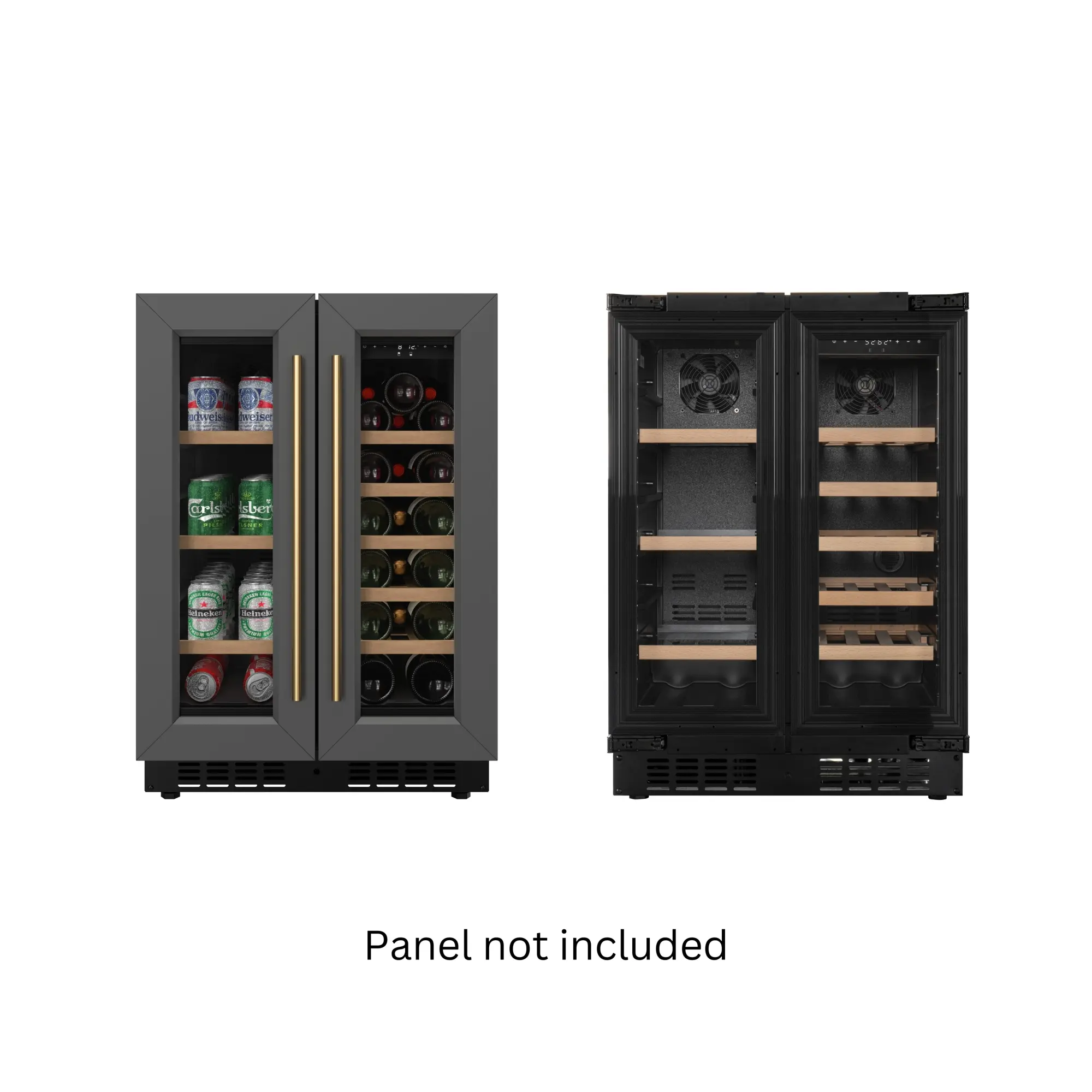 KoolMore Reserve 24 in. Panel-Ready Under-Counter French Door Dual-Zone Cooler, 23 in., 41-68°F, Auto Defrost, Wooden Shelves, 20 Bottles Right, 2.1 Cu. Ft. Left, Black (KM-CWB24-WPR), 2.1 Cu. Ft. In Left Zone