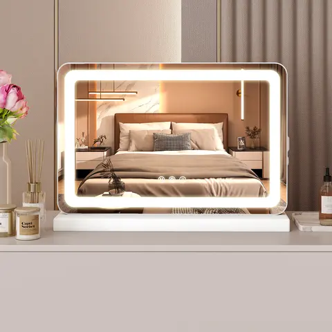 Sweetcrispy Aluminum Modern LED Lighted Square White Vanity Mirror - Adjustable Lighting with 3 Dimmable Color Modes, Touch Screen Control, Scratch-Resist HD, Last-Set Memory, Daylight-True Light, Bathroom Gadget, House Decor