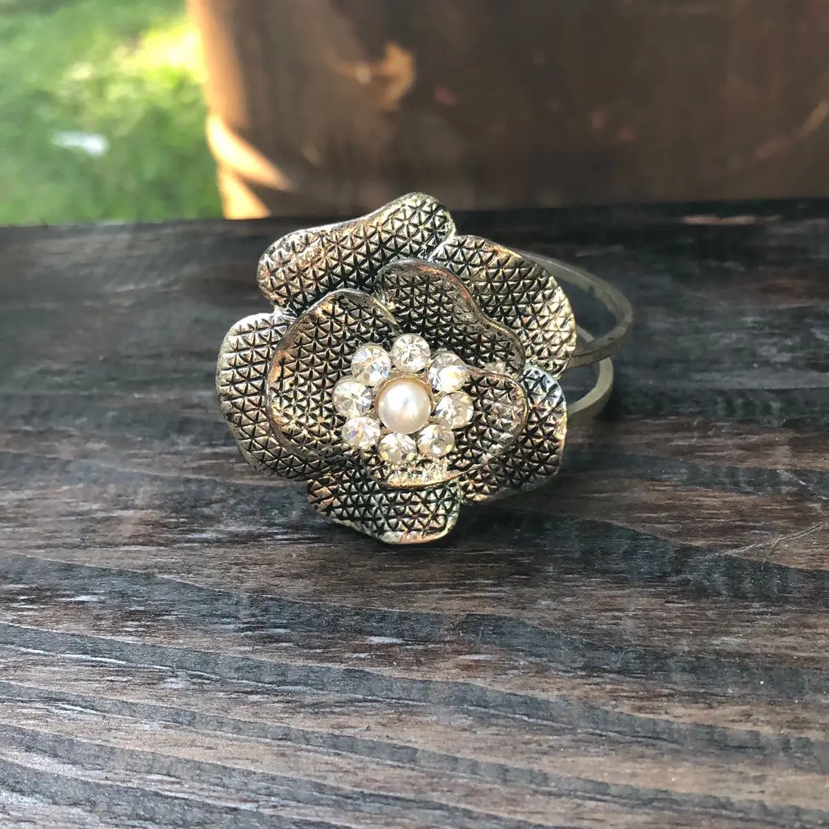 Vintage 1980's  Rose Silvertone Floral Hinged Pearl Rhinestone Bracelet