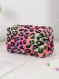 Plush Leopard Print Large Capacity Pencil Case, Fashion Storage Bag, Cute Soft Pen Holder, Multifunctional Cosmetic Organizer, Office Supplies