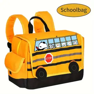 Polyester Casual Backpack, Panda Cartoon Bus Design - Adjustable Straps, Spacious, Zipper Opening, Wipe Cleaning, Daily Use and Travel