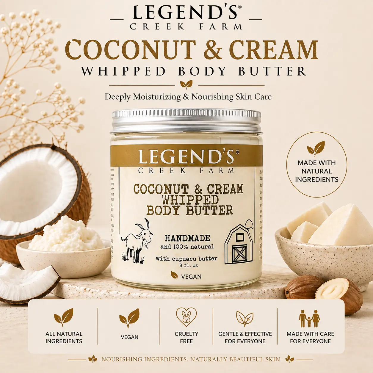 Vegan Cupuacu, Coconut & Cream Whipped Body Butter - Hydrating Body Care Moisturizer for Dry Skin with Natural Scent & Fragrance, Vitamins, Cosmetic