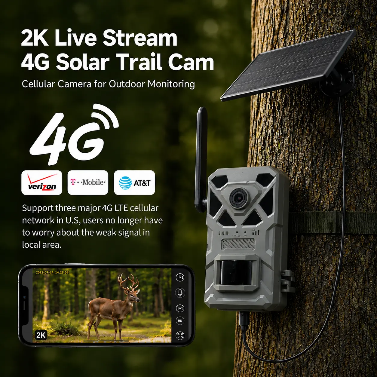 2K HD Solar Powered Wireless 4G LTE Cellular Trail Cameras with Live Streaming, Game Camera Built-in SIM Card WiFi, Not Supported, WaterProof, 24MP Photos, 2K Videos| Motion Activated, Night Vision, Best Hunting Accessories, GPS