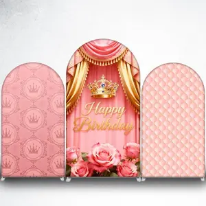 15-day Delivery Pink and Gold Crown Happy Birthday Arch Backdrop Cover for Princess Party