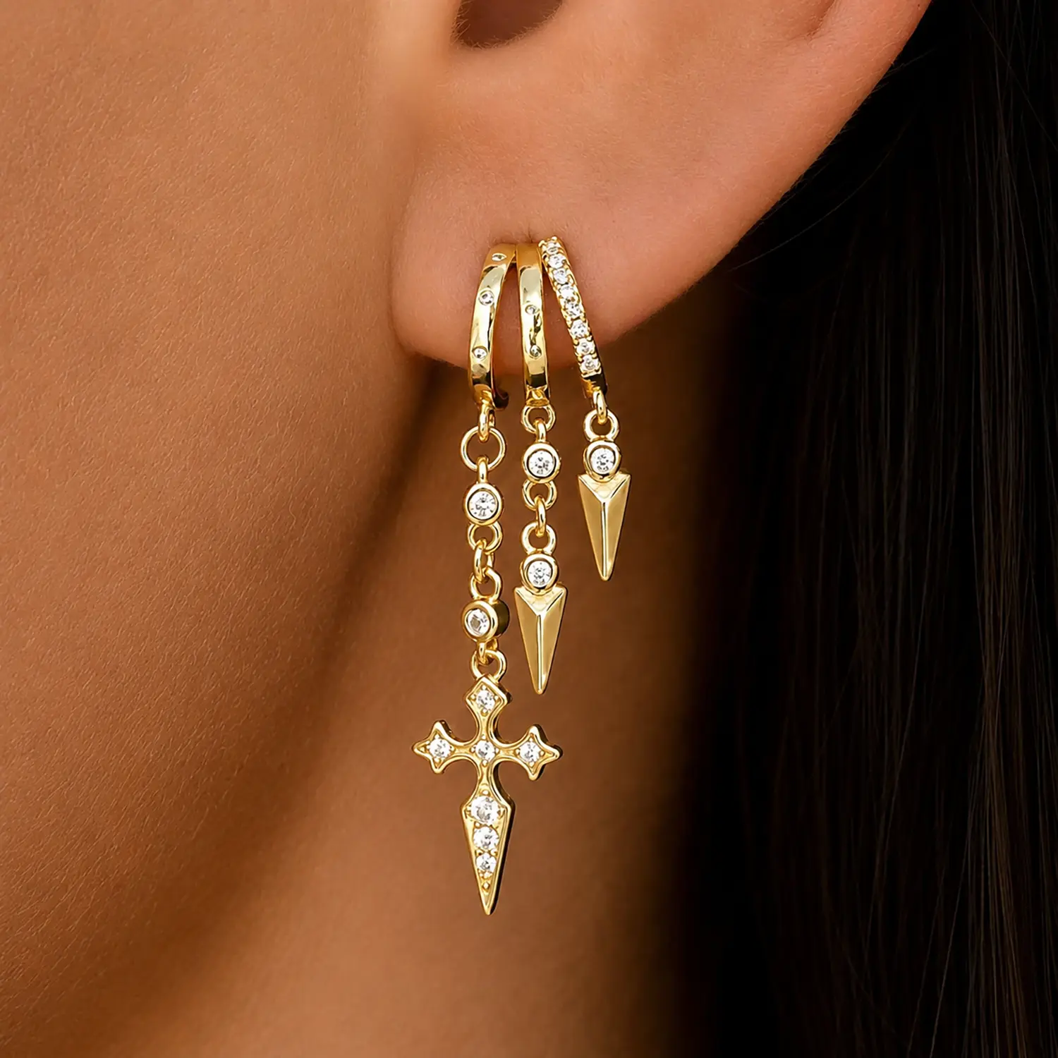 Dangle Earrings for Women, Hypoallergenic 14k Gold Plated Triple Huggie Stud Earrings Fashion Drop Chain Earring Dainty Cross Earrings for Women Trendy Gold Plated Jewelry