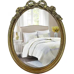 Vintage Oval Wall Mirror & Tabletop Vanity Mirror - Antique Gold Frame with Decorative Bow Design, Retro Traditional Chic Makeup Desk Decor
