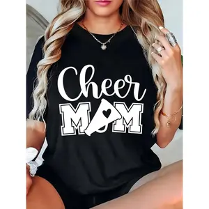 Women's Cheer Mom Graphic T-Shirt with Megaphone & Heart, Casual Game Day Top for Cheerleading Moms 100% Cotton T-shirt