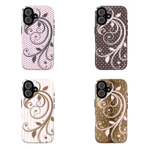 Aesthetic Floral Swirl Phone Case | Vintage Leaf Pattern, Soft Pink Polka Dot & Stripe Design Cover For iPhone 17 Pro Max 16 , iphone 16E case 15 14 13 12 11 Tough Phone Case | gift for him for her | Best Gift