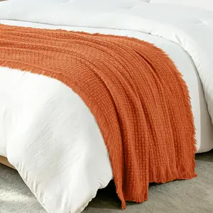 Knit Throw Blanket with Fringes for Couch, Reversible Super Soft and Warm Woven Throw for Summer,  Decor, 50"x60", Burnt Orange