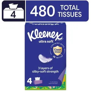 Kleenex Ultra Soft Facial Tissues, 4 Flat Boxes, 120 Tissues per Box, 3-Ply
