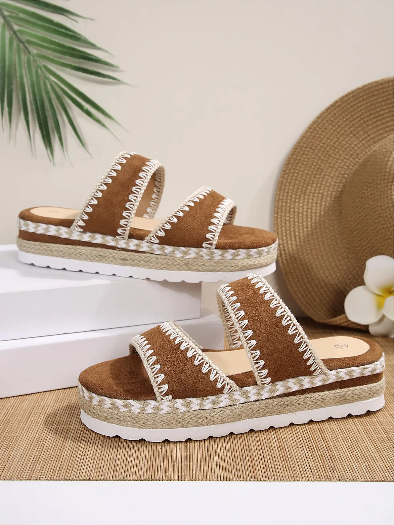 Multi-color suede double-strap wedge sandals for women, peep-toe with thick platform and woven rope sole, contrast stitching, summer beach casual shoes.