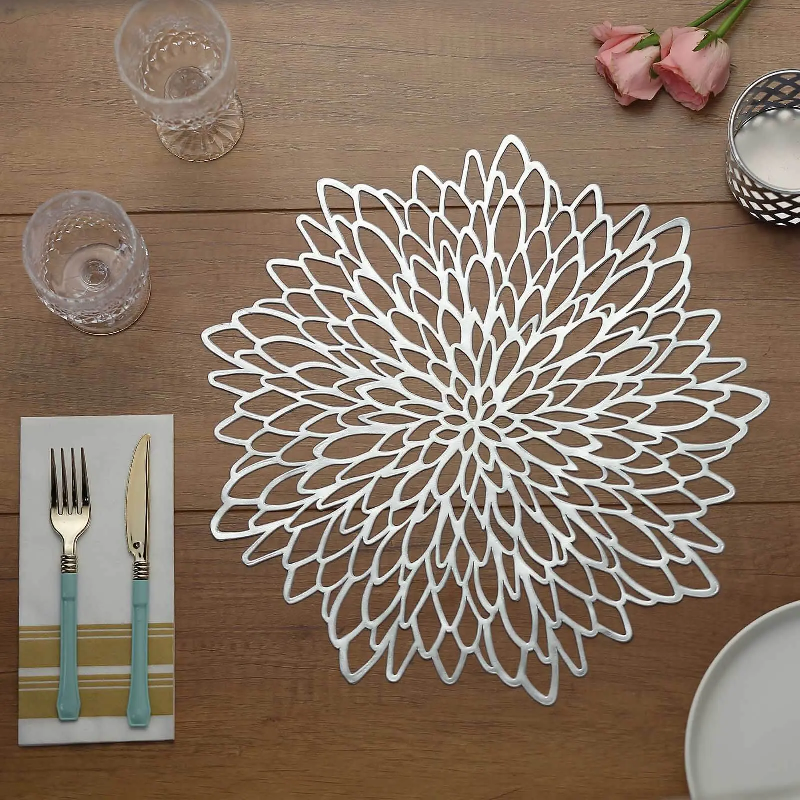 6-Pack Vinyl Dining Table Mats 15" Floral Round Design Silver - Non-Slip Placemats, Home Accessory, Insulates Heat