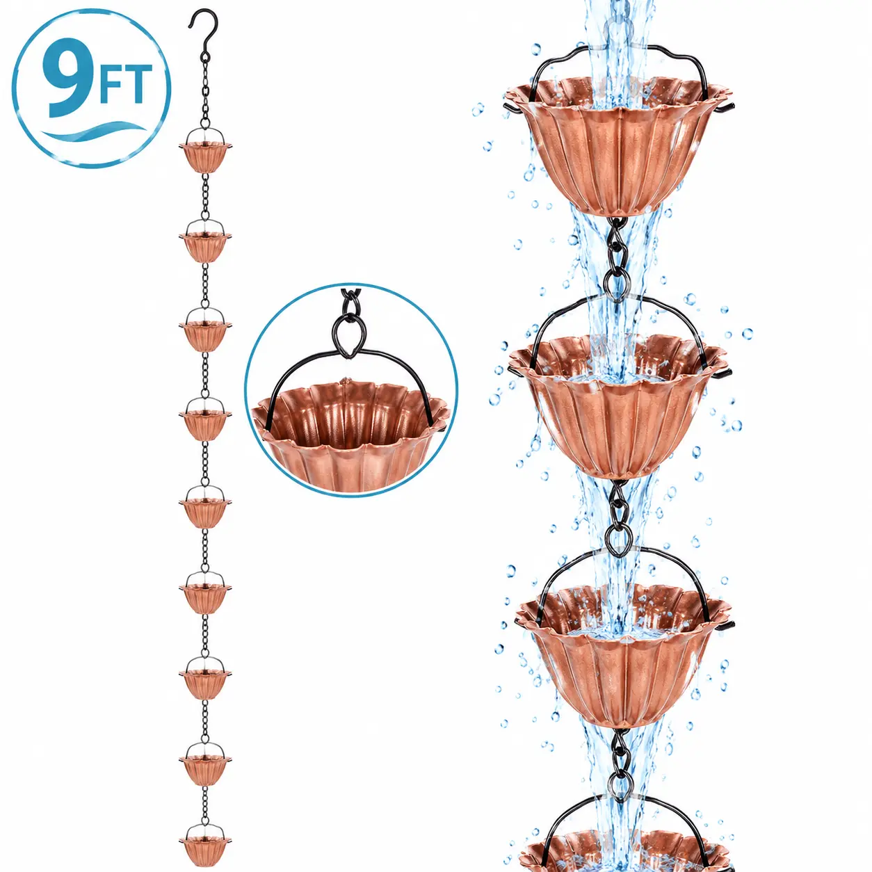 9FT Copper Rain Chain with Fluted Cups - Gutter Downspout Alternative, Copper Hanging Decor for Garden, Outdoor Home Supply
