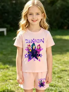 Kpop Girl Demon Print T-Shirt and Shorts Set, Casual Slim-Fit Cartoon, Spring Summer Fashion, Sweet Cool Style Kids Clothes