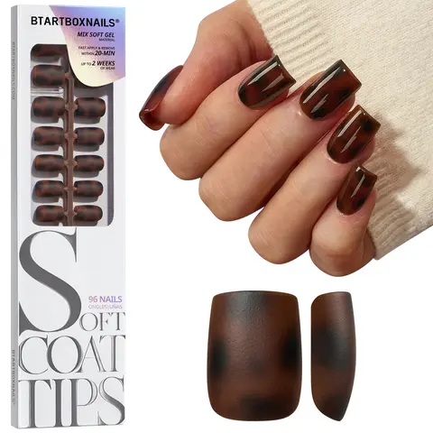 BTArtboxnails XCOATTIPS Press on Nail Sets - 96pcs Tortoise Shell Soft Gel False Nails with Gel Base Coat, Natural Look, Short Square Shape, Almond, Coffin, Stiletto, Oval Tips, Flexible, Perfect Fit, Cost-Effective Soak-Off Acrylic Extensions