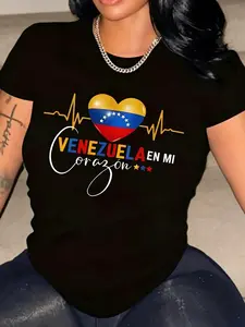 Lady Venezuelan heart pattern printed T-shirt, round-neck short-sleeved blouse, casual top, regular length, suitable for all seasons and comfortable to wear throughout the year.