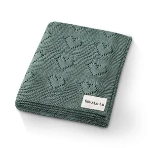 Bleu La La - 100% Cotton Luxury Knit Heart Swaddle Baby Blanket