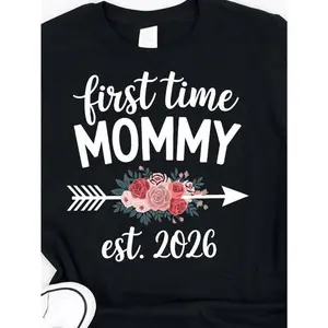 Women's First Time Mommy Est. 2026 Pregnancy Announcement T-Shirt - 25 Cotton Funny Mom-to-Be Gift with Floral & Footprint Design, Casual Round Neck Tee for Maternity Photos & Casual Attire, All-Season Comfort Fit,  double   Vintage Metalcore Graphic