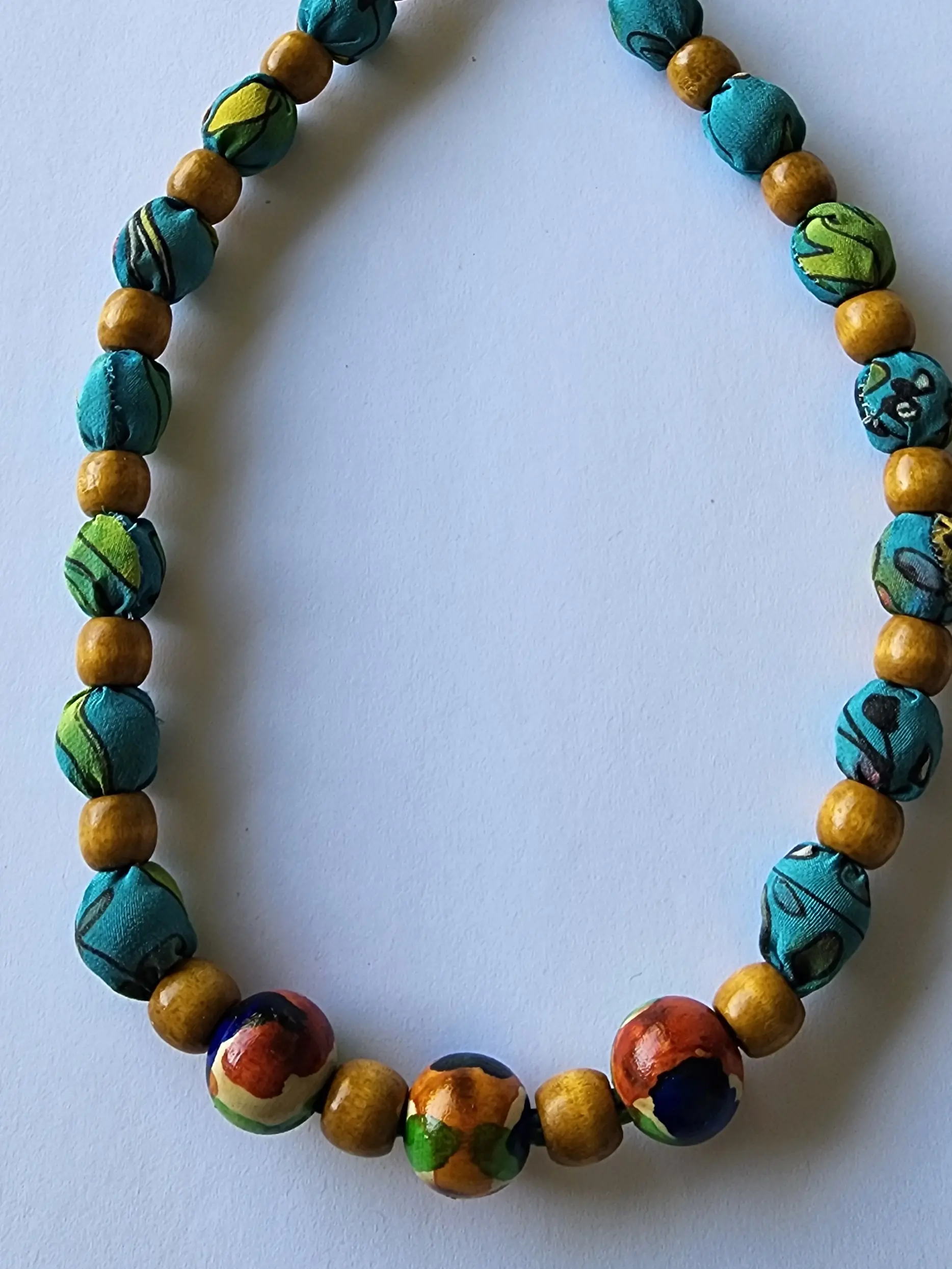 Silk Beaded Necklace for women,"Artistry Around Your Neck: Wooden Bead Necklaces on Painted Silk, Each Piece a Canvas!"